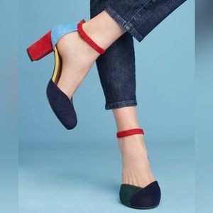 Anthropologie suede leather colorblock block heels with ankle straps